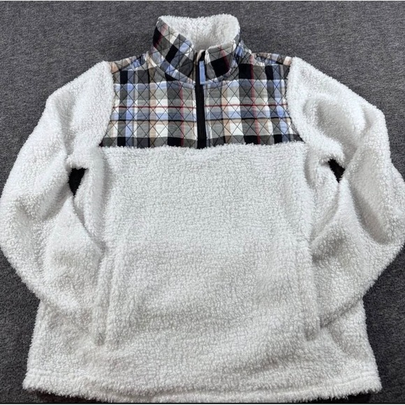 Vera Bradley Tops - Vera Bradley Womens White Sherpa Fleece Plaid Quilted Half Zip Pullover Small